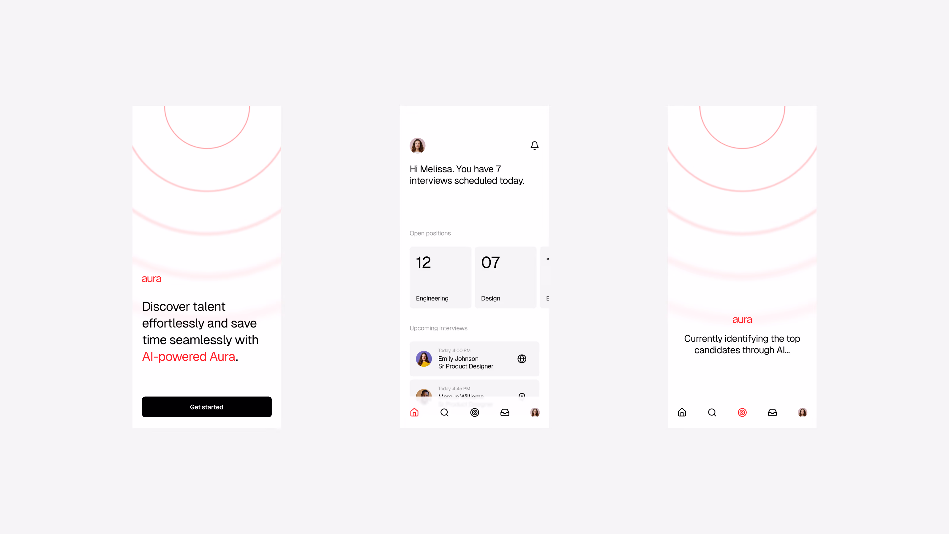Aura — Three mobile screens with onboarding, dashboard, and screening animation